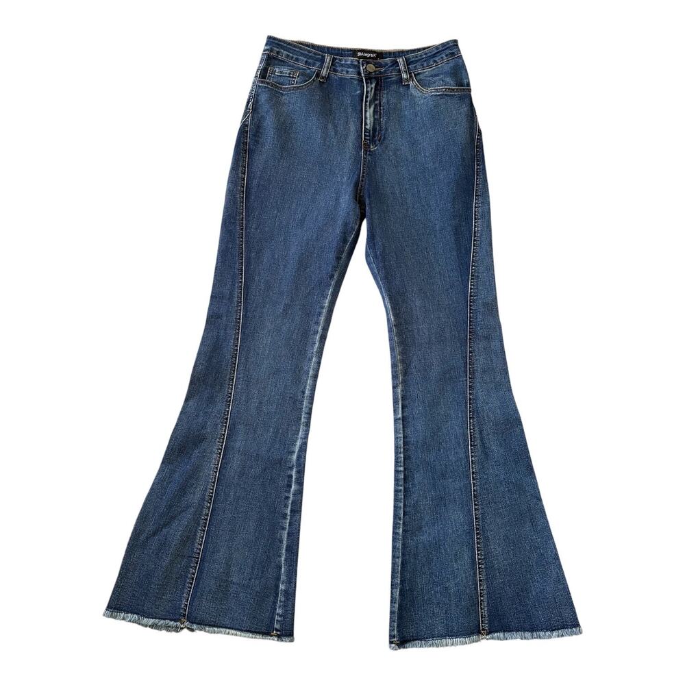 Allegra K Flare Y2K Jeans Women’s M Raw Hem Stretch Blue Denim Boho Western
